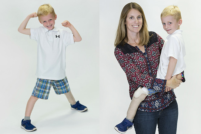 Two Images. Tommy showing his arm muscles and with his mom holding him.